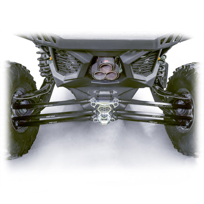 Installed barrel radius rod kit under rear control arm of Maverick X3 Full view